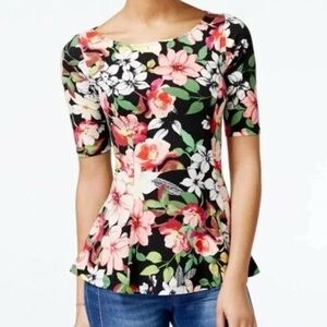 Guess Bella Floral Peplum Boat Neck Open Back Top Blouse Size Medium M